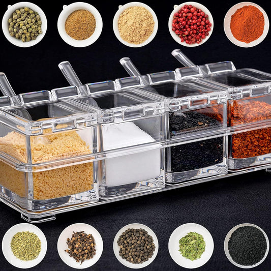 4-Compartment Acrylic Spice Jar Set with Spoons – Transparent Seasoning Container Organizer for Salt, Sugar, Pepper & Herbs