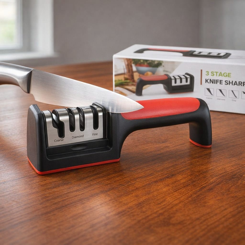 3-Stage Knife Sharpener ā Manual Kitchen Knife Sharpening Tool with Coarse, Diamond & Fine Slots