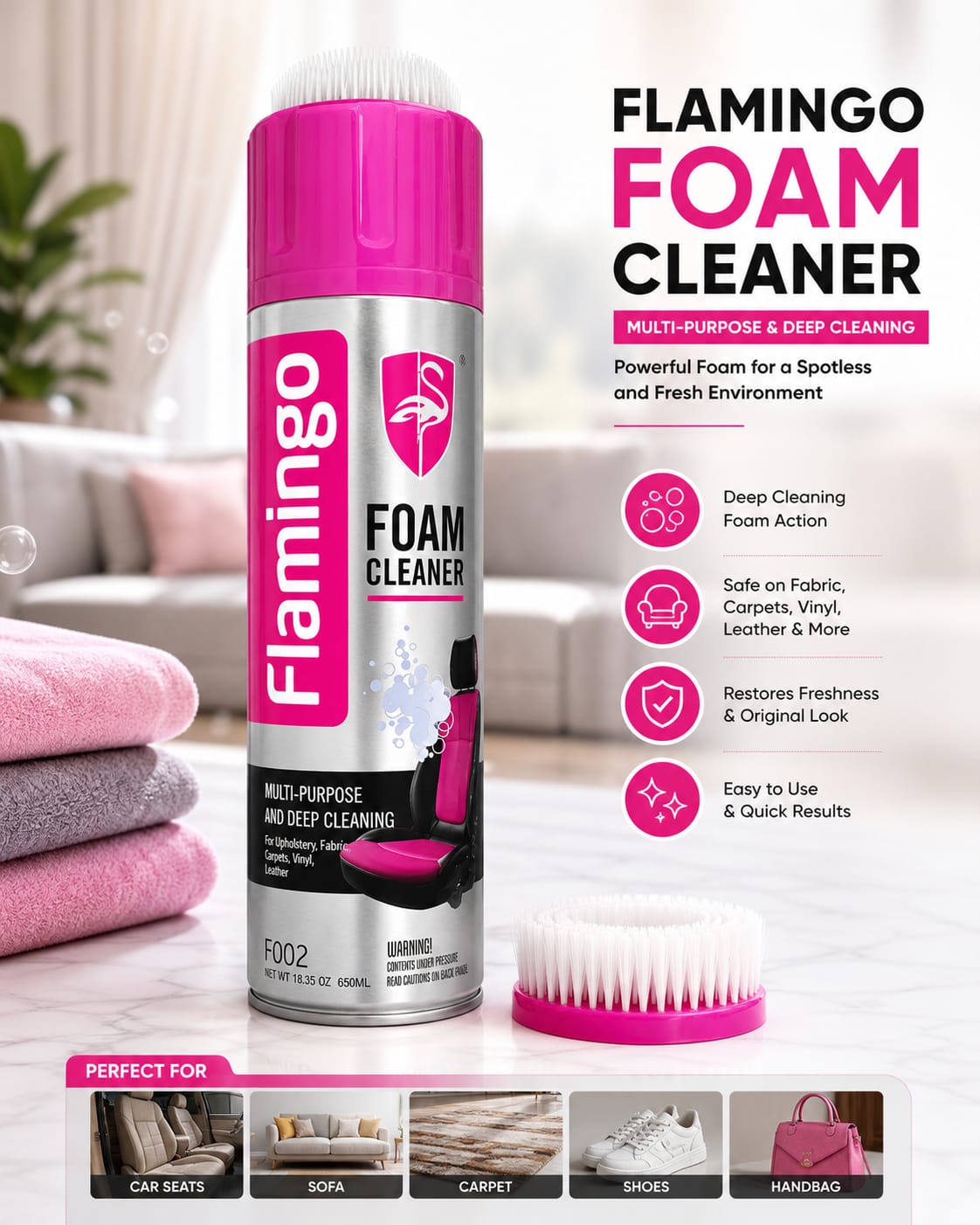 Foam Cleaner with Scrub Brush – Multi-Purpose Deep Cleaning Spray | Car Seats, Sofa, Carpet, Shoes & Upholstery Cleaner