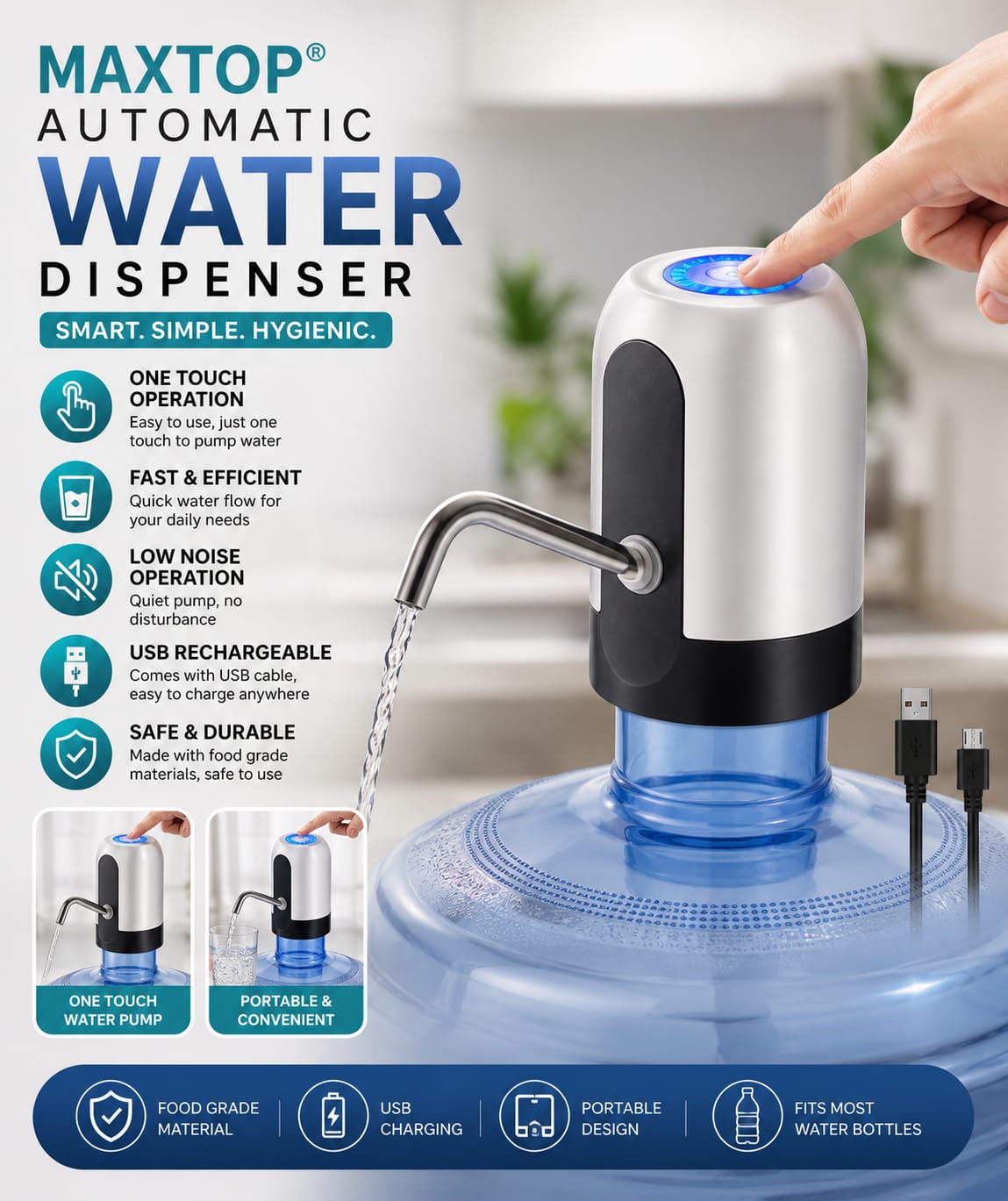 Automatic Water Dispenser Pump – USB Rechargeable Water Bottle Pump | One-Touch Portable Electric Water Dispenser