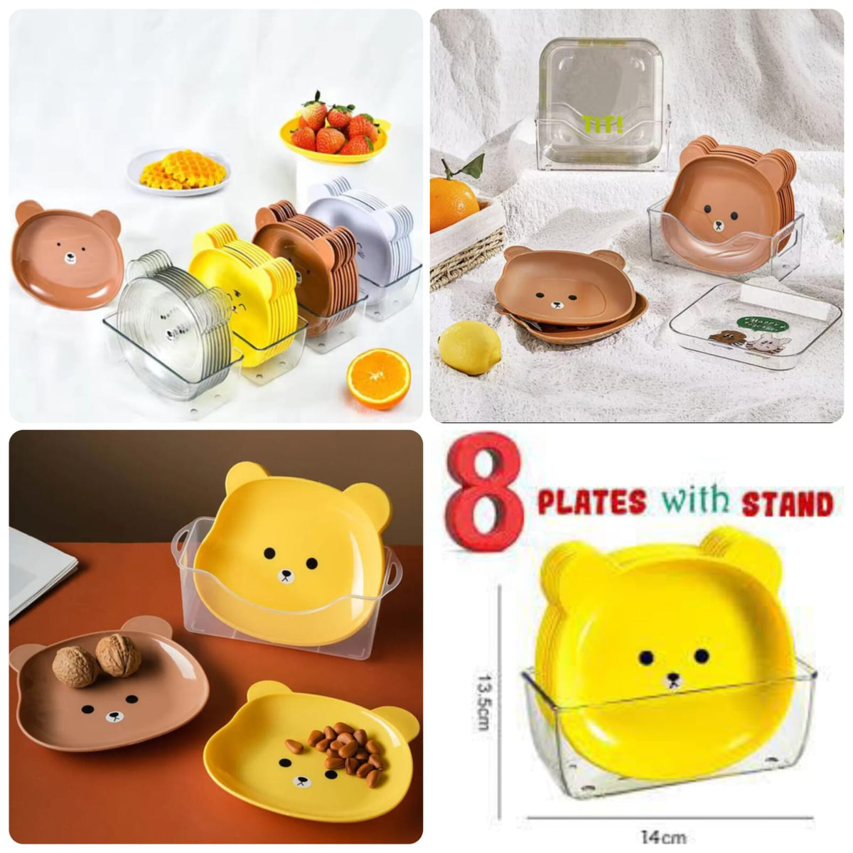 8-Piece Cute Cartoon Bear Snack Plate Set with Storage Stand