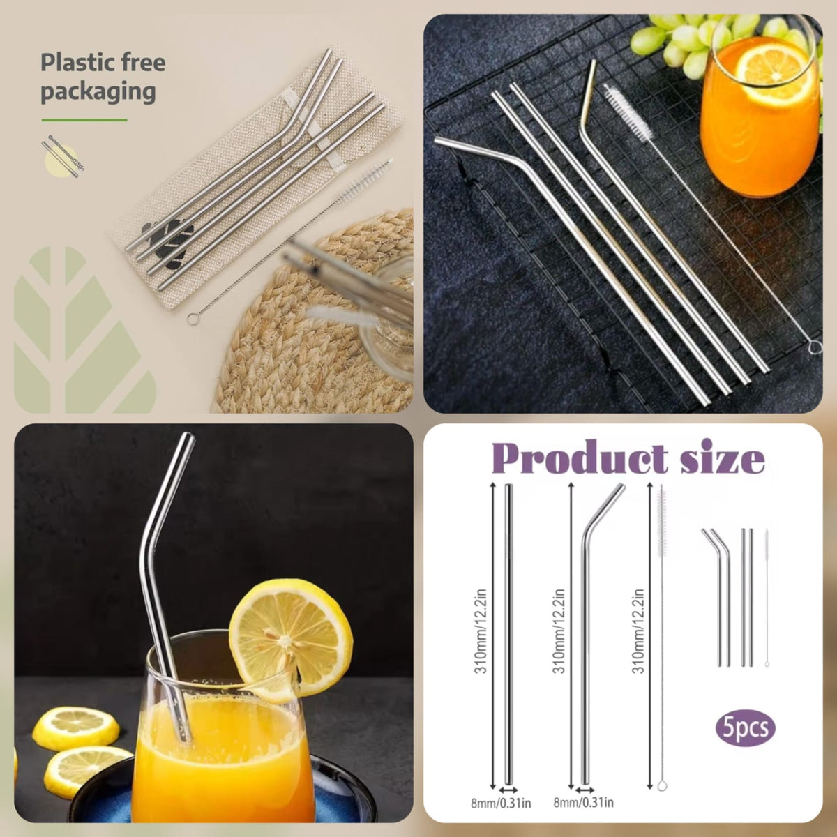 Reusable Stainless Steel Metal Drinking Straws Set with Cleaning Brush & Pouch