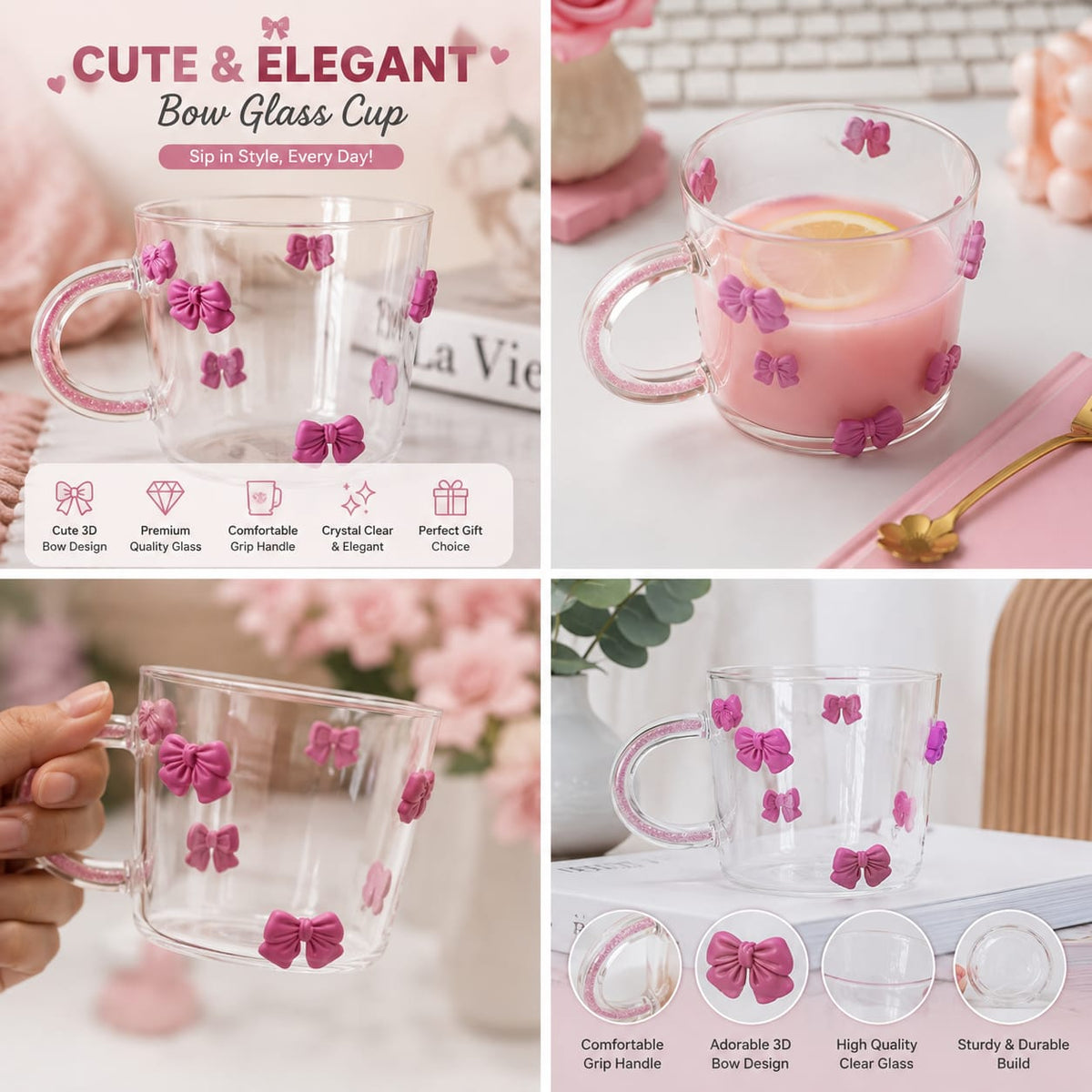 Cute & Elegant Aesthetic Printed Glass Cup – Flower & Cherry Iced Coffee Mug