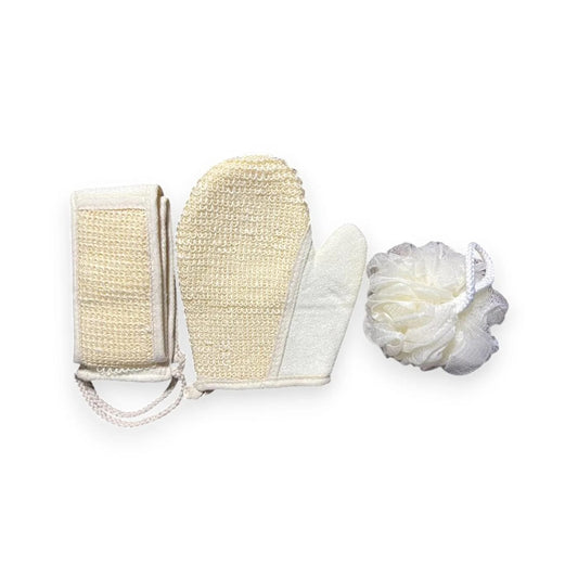 3-Piece Exfoliating Bath Set | Back Scrubber, Bath Glove & Loofah | Deep Cleansing Body Care Kit