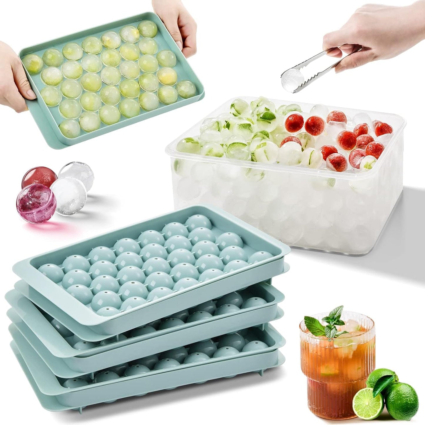Silicone Ice Ball Maker Tray with Storage Box | Round Ice Cube Mold with Lid | 33 Ice Balls