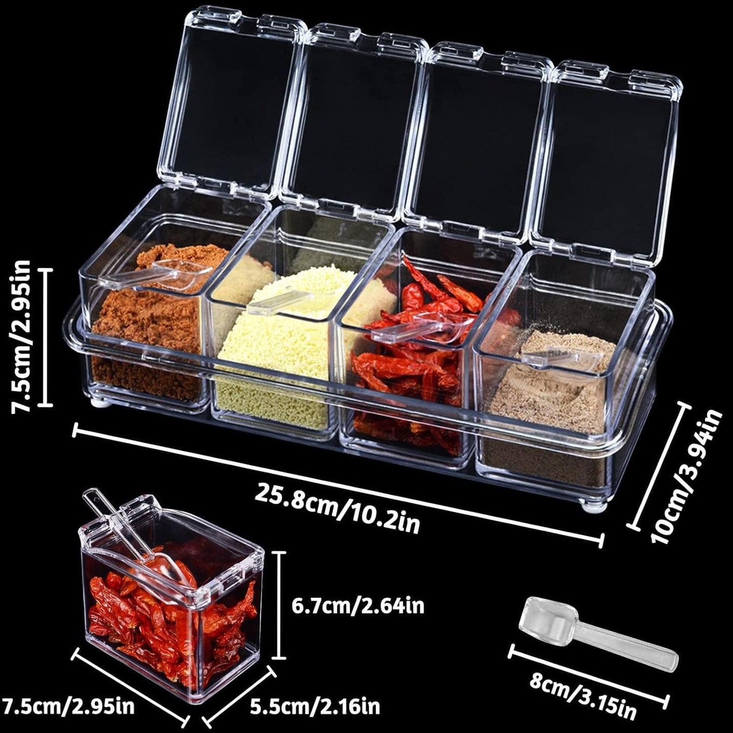 4-Compartment Acrylic Spice Jar Set with Spoons – Transparent Seasoning Container Organizer for Salt, Sugar, Pepper & Herbs