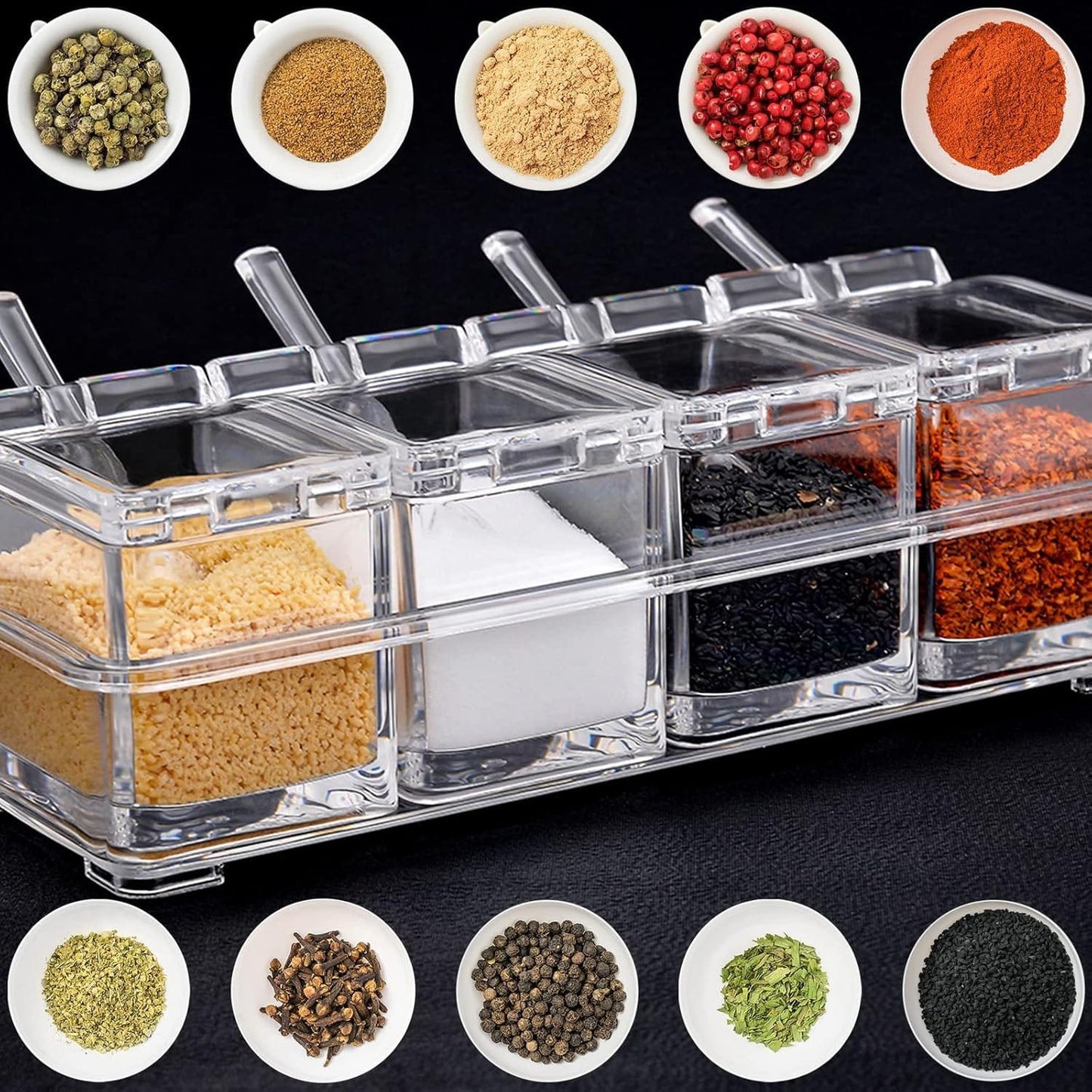 4-Compartment Acrylic Spice Jar Set with Spoons – Transparent Seasoning Container Organizer for Salt, Sugar, Pepper & Herbs