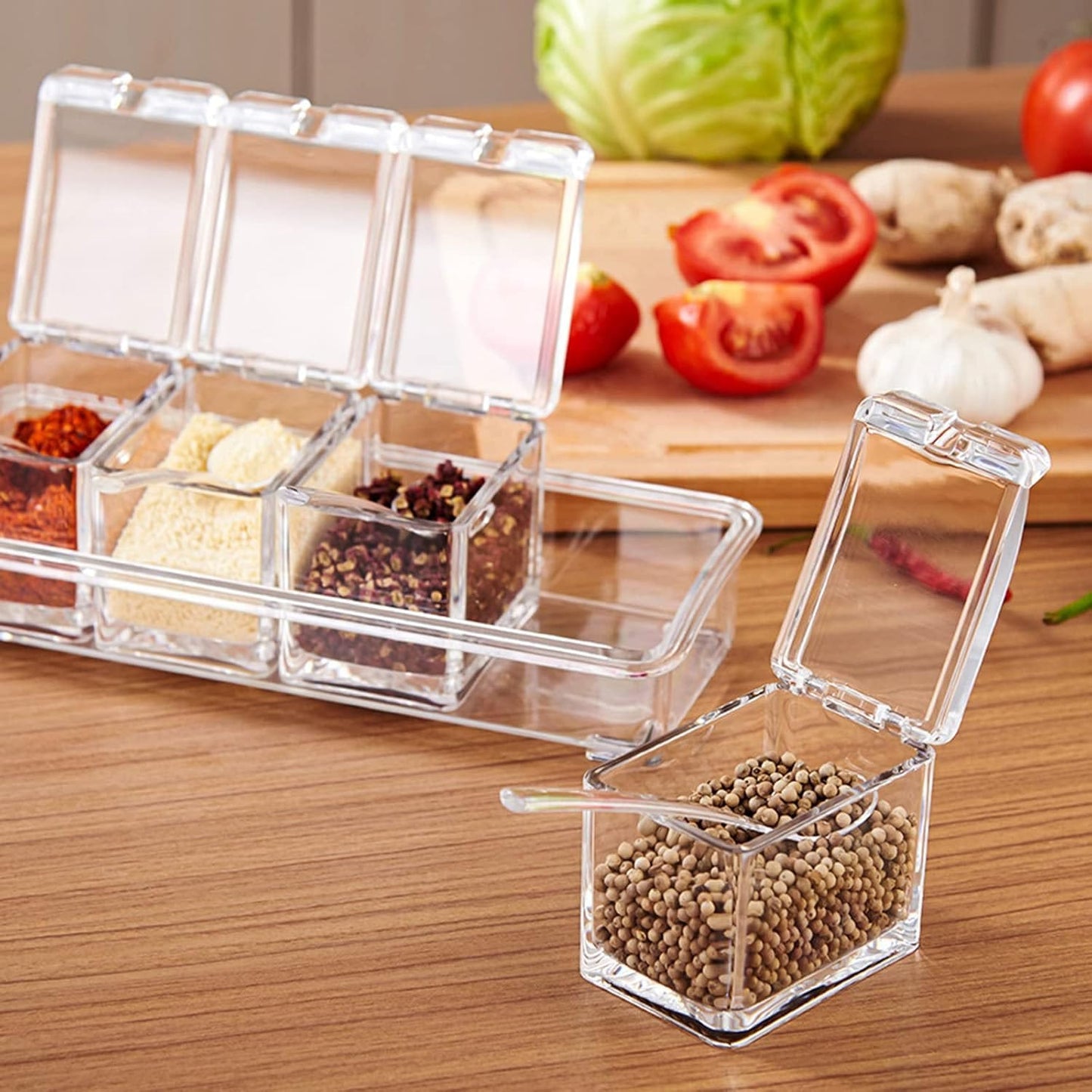 4-Compartment Acrylic Spice Jar Set with Spoons – Transparent Seasoning Container Organizer for Salt, Sugar, Pepper & Herbs