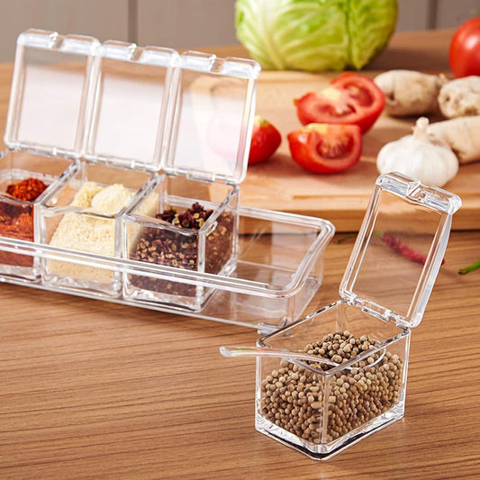 4-Compartment Acrylic Spice Jar Set with Spoons – Transparent Seasoning Container Organizer for Salt, Sugar, Pepper & Herbs