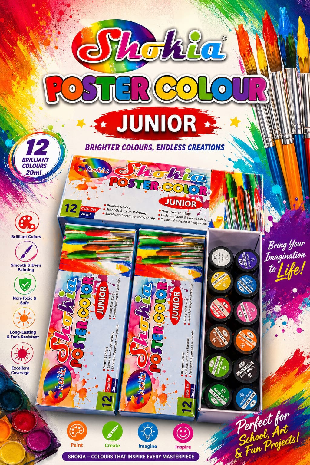 Shokia Poster Colour Junior Set – 12 Brilliant Colours, 20ml Each for Kids, School & Art Projects