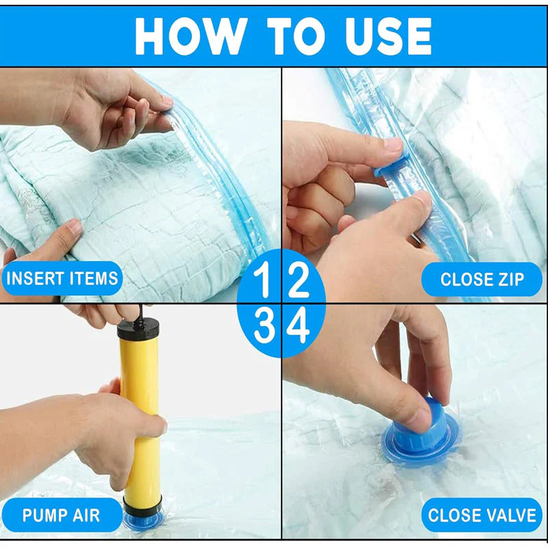 Reusable Vacuum Storage Bags with Hand Pump – Space Saving Compression Bags for Clothes & Bedding