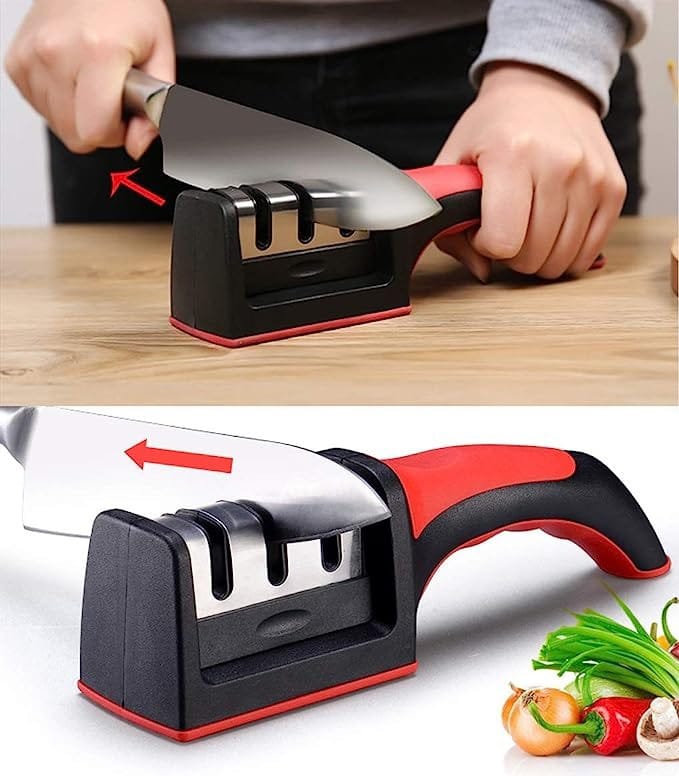 3-Stage Knife Sharpener – Manual Kitchen Knife Sharpening Tool with Coarse, Diamond & Fine Slots