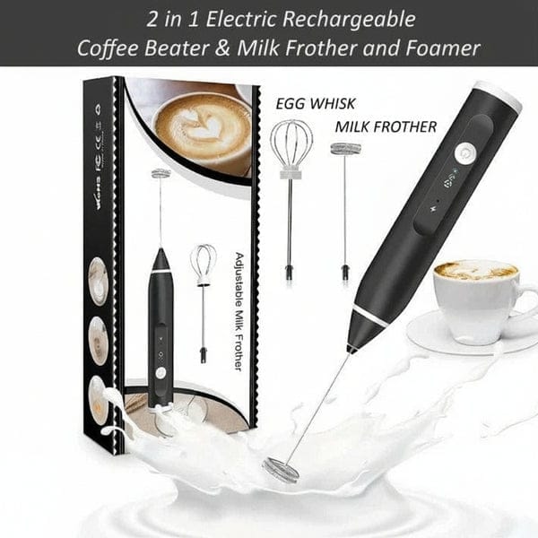 2-in-1 Rechargeable Milk Frother & Coffee Beater – Electric Handheld Egg Whisk with 2 Attachments