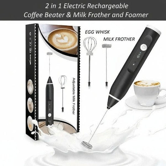 2-in-1 Rechargeable Milk Frother & Coffee Beater – Electric Handheld Egg Whisk with 2 Attachments