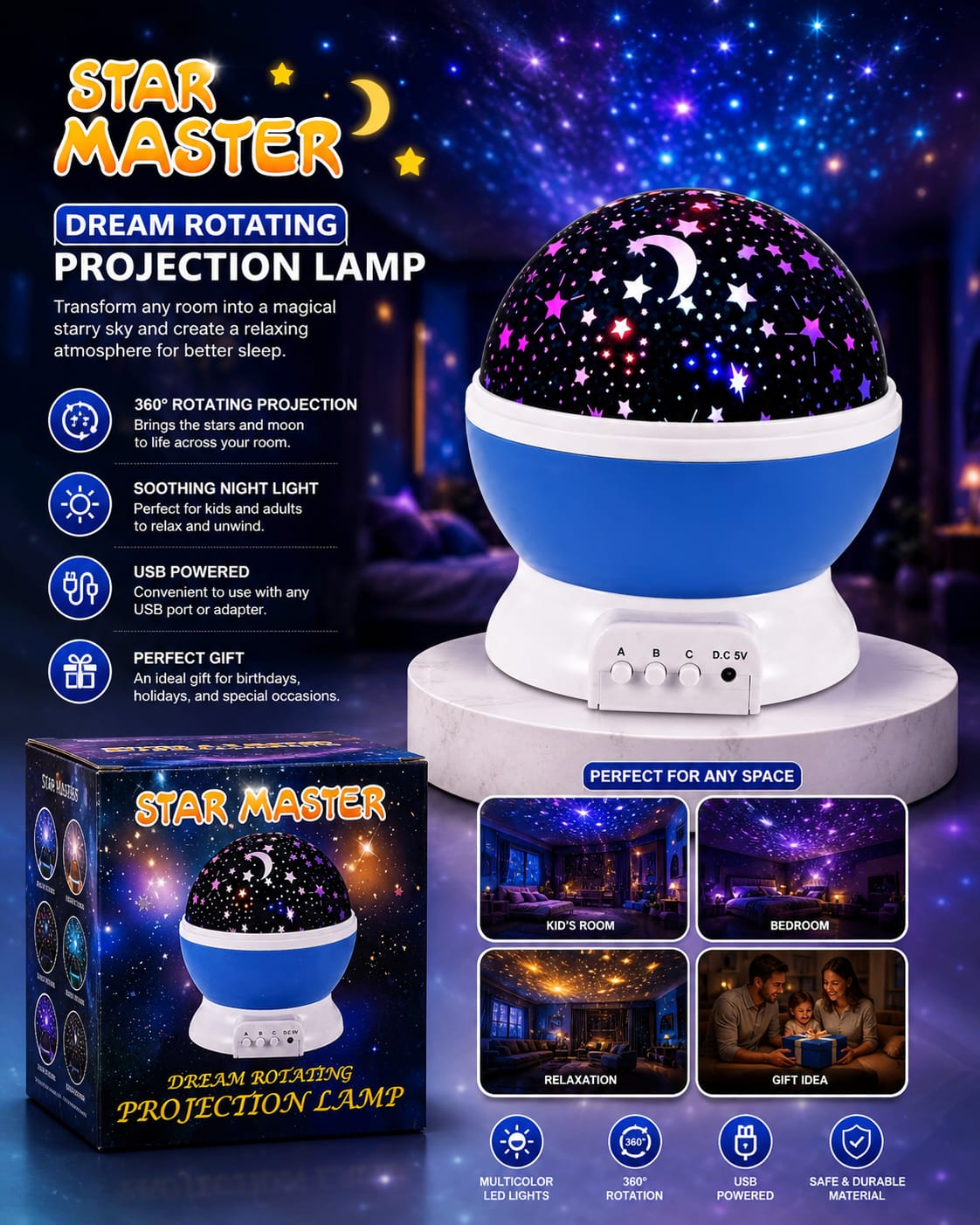 Star Projector Night Light – 360° Rotating Galaxy Lamp | Color Changing LED Starry Sky Projector for Kids Bedroom & Home