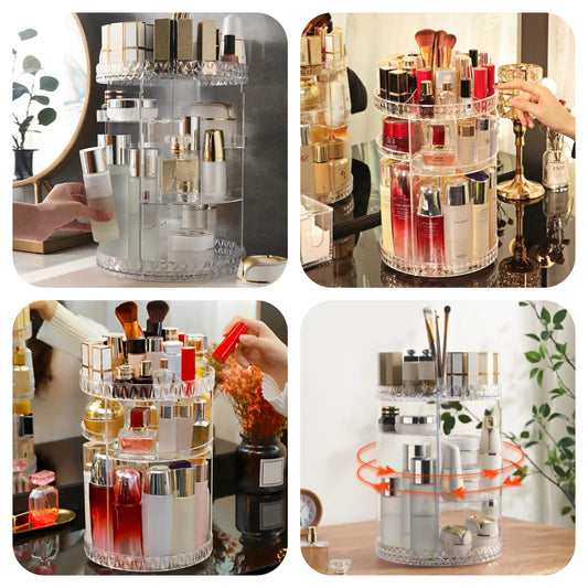360° Rotating Makeup Organizer – 2-Tier Clear Skincare & Cosmetic Storage Carousel Tray