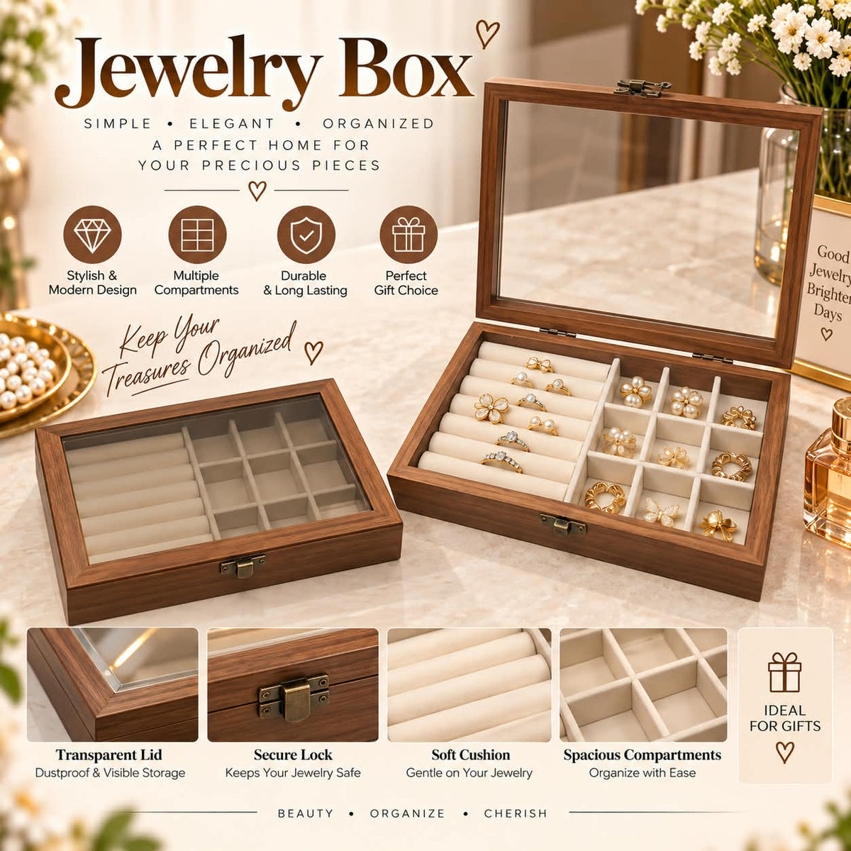Luxury Wooden Jewelry Box & Organizer with Glass Lid