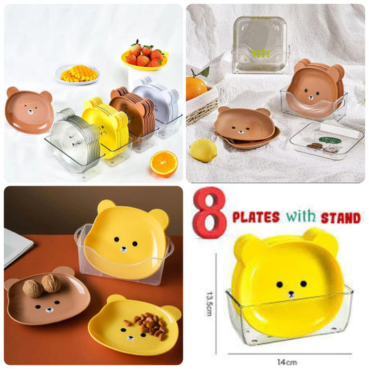 8-Piece Cute Cartoon Bear Snack Plate Set with Storage Stand