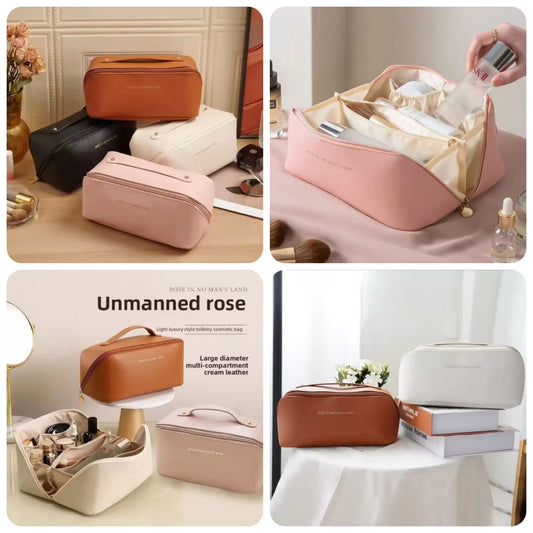 Large Capacity Leather Travel Makeup Bag (Waterproof Cosmetic Organizer)