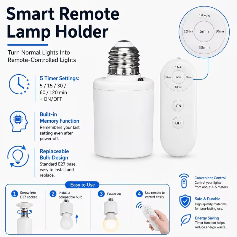 Smart Wireless Remote Control E27 Lamp Holder – Screw-In Light Bulb Socket Adapter