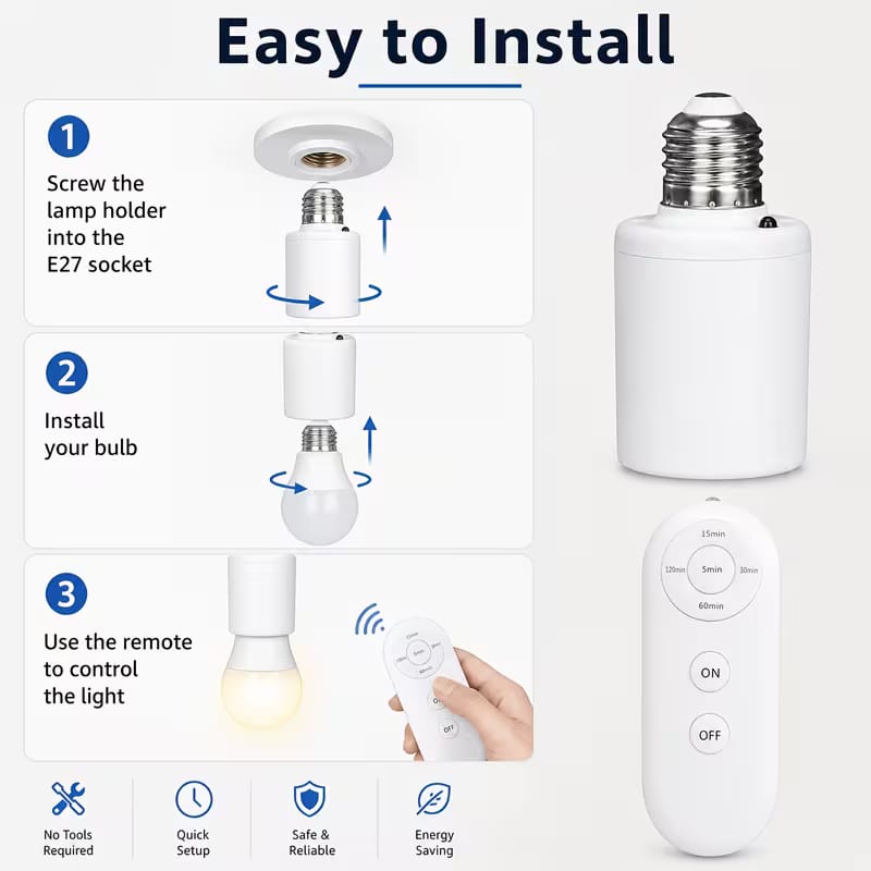 Smart Wireless Remote Control E27 Lamp Holder – Screw-In Light Bulb Socket Adapter