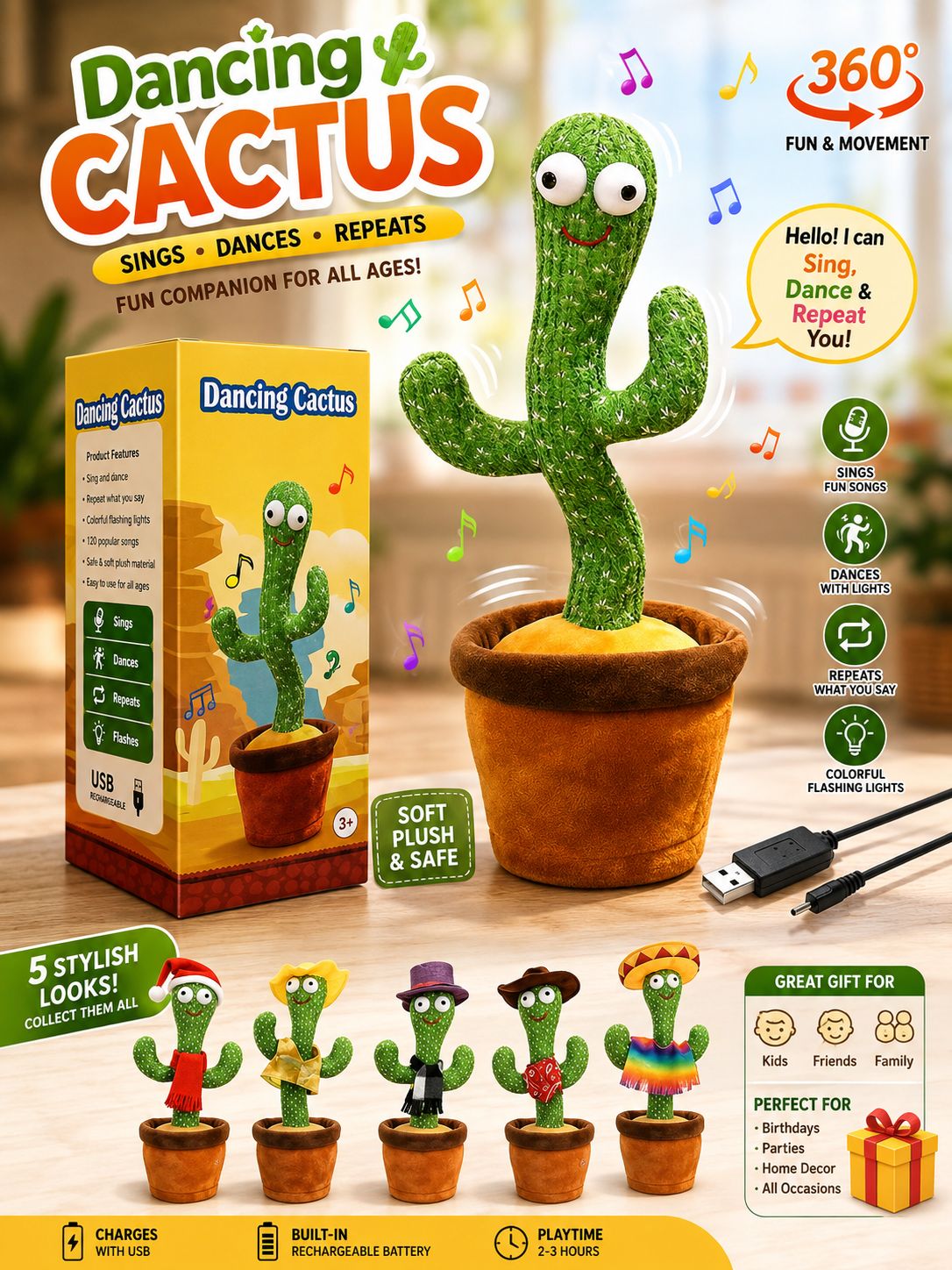 Dancing & Talking Cactus Plush Toy with Music & USB Charging