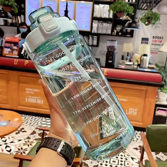 2L Large Motivational Sports Water Bottle with Time Marker & Straw