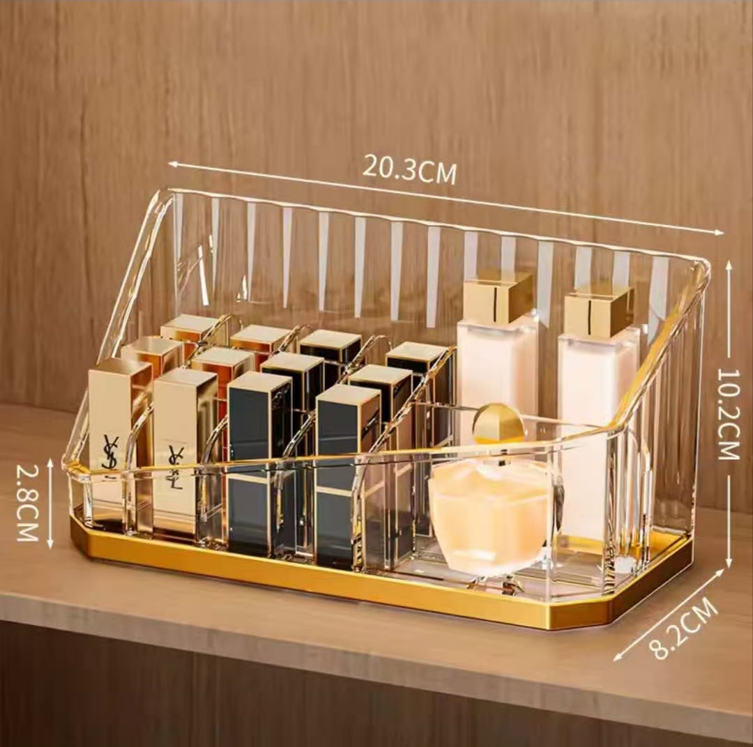 Luxury Clear Acrylic Makeup & Skincare Organizer Display Tray with Gold Accents