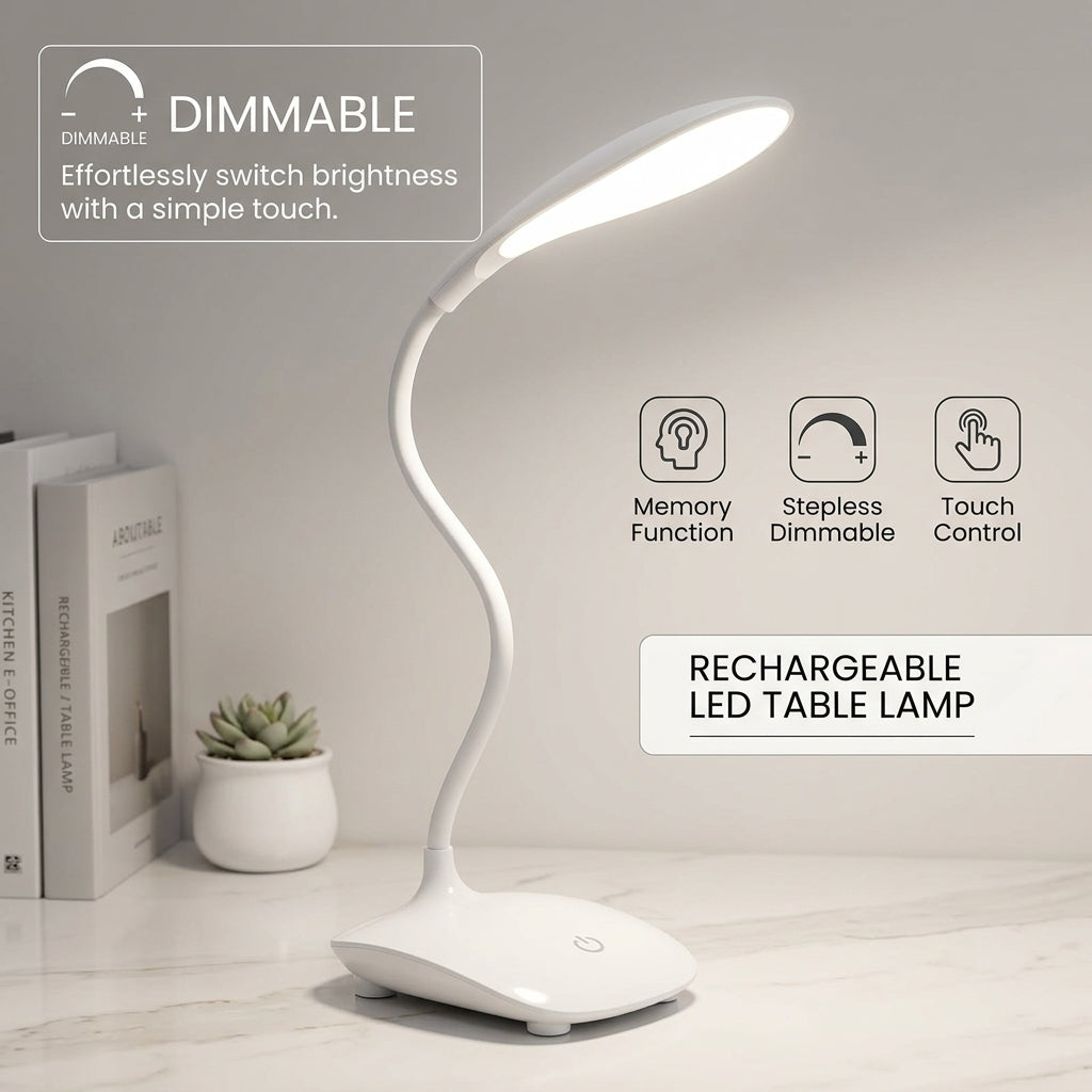 Rechargeable Dimmable LED Table Lamp – Touch Control Flexible Desk Light