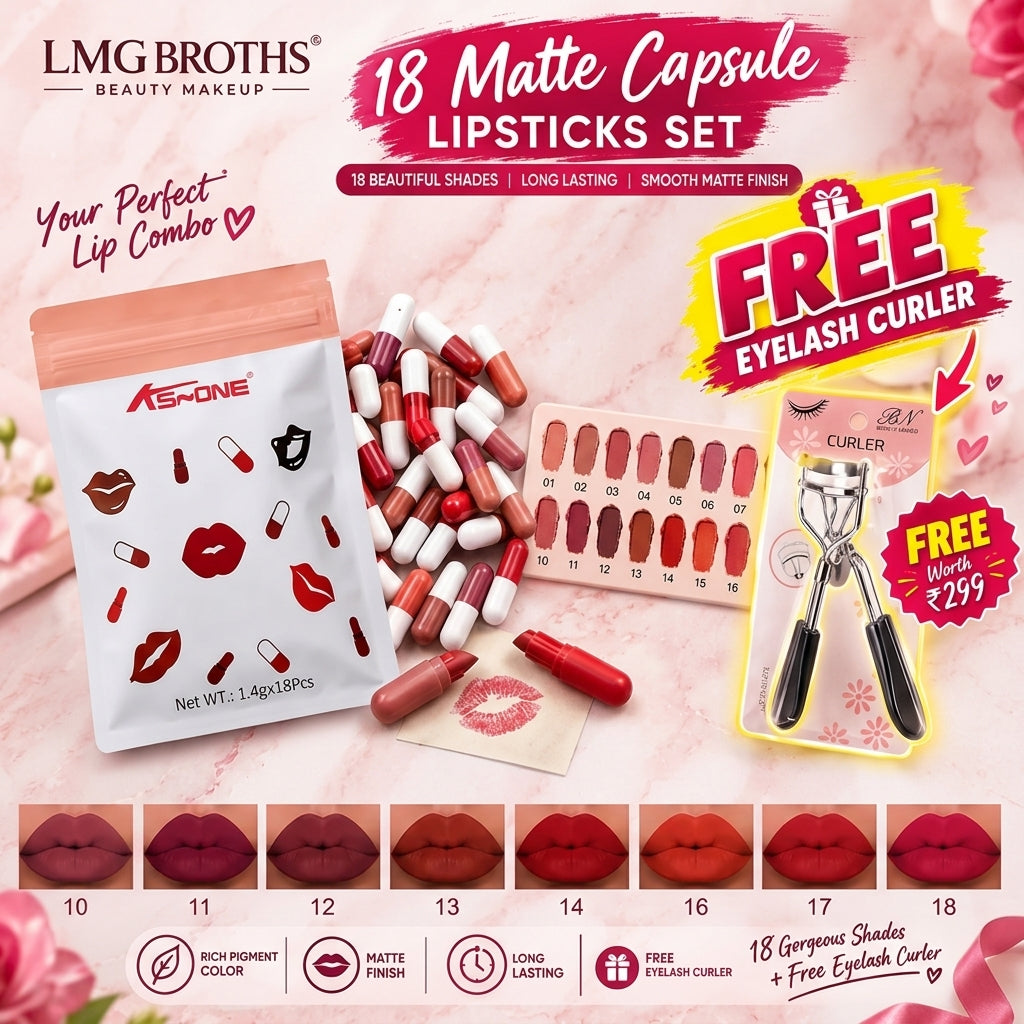 18-Piece Matte & Velvet Lipstick Set with Free Eyelash Curler