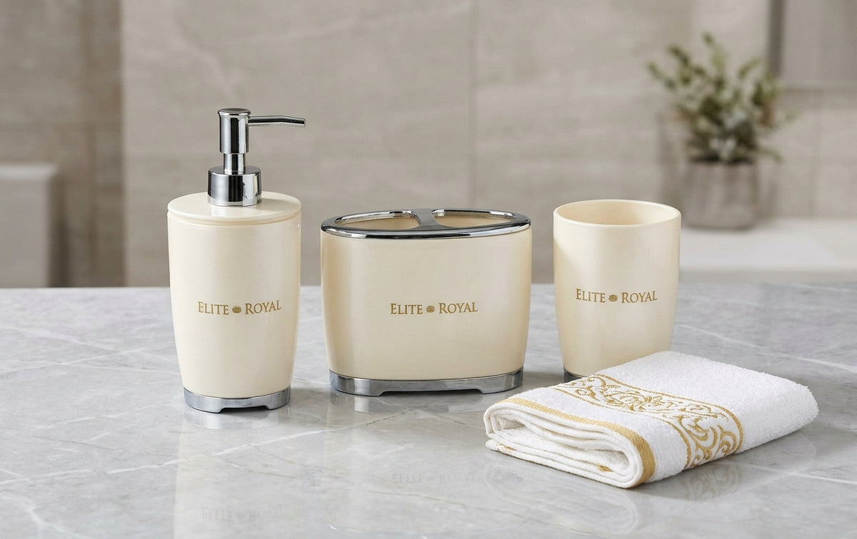 4-Piece Ceramic Bathroom Accessories Set – Modern Soap Dispenser, Tumbler, Toothbrush Holder & Soap Dish